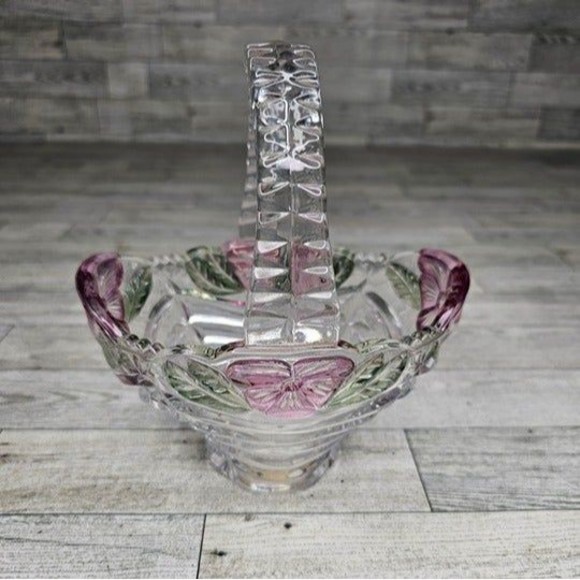 Anne Hutte Bleikristall Lead Crystal Basket 24% P.bO Made in Germany Pink/Green - Picture 5 of 7
